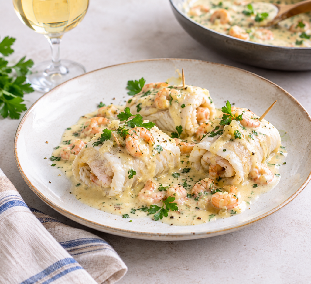 Tongrolletjes met witte wijn-garnaalsaus