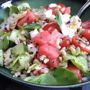 Tarwe en linzen salade met watermeloen en mozarella