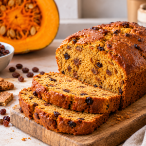 Zoet pompoenbrood met rozijnen en speculaas