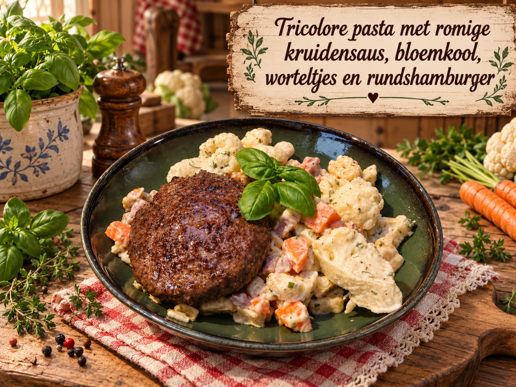 Tricolore pasta met romige kruidensaus, bloemkool worteltjes en een rundshamburger