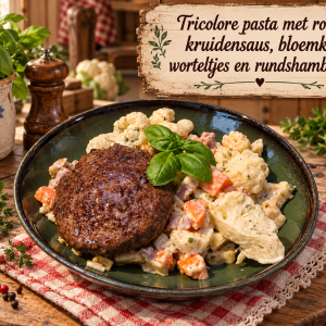 Tricolore pasta met romige kruidensaus, bloemkool worteltjes en een rundshamburger